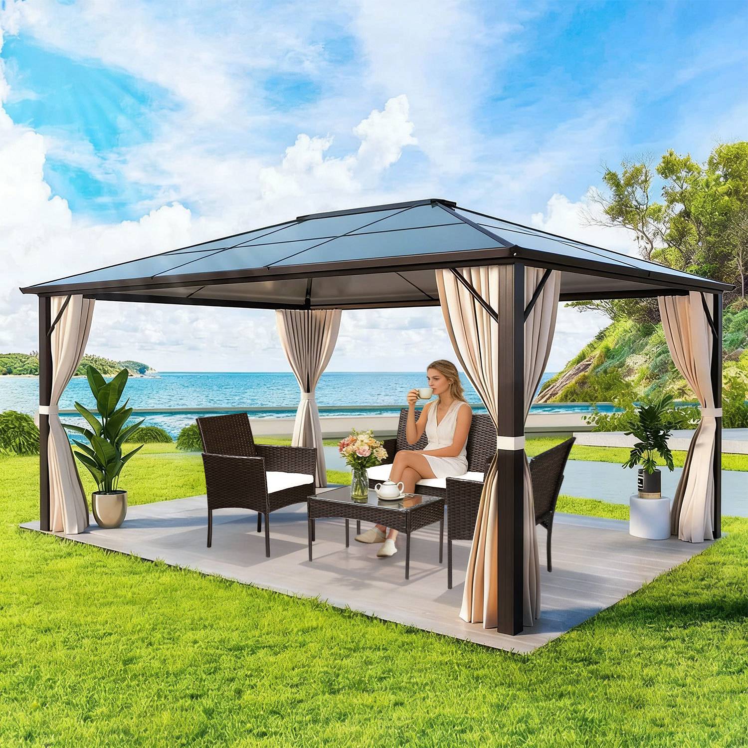 Gartenmöbel Set 4-teilig Polyrattan Sitzgruppe mit 2 Sesseln, 2-Sitzer Sofa und Glastisch, Braun