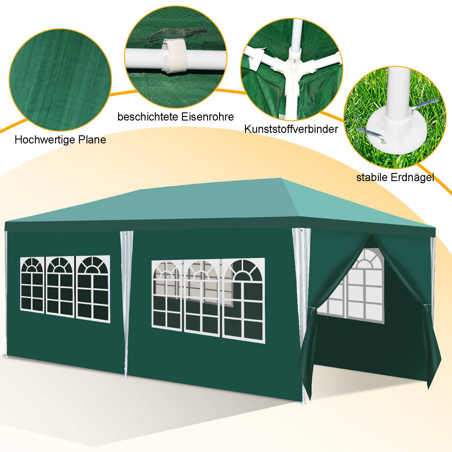 Pavillon 3 x 6 m Grün Partyzelt Gartenpavillon mit Seitenteilen Stecksystem