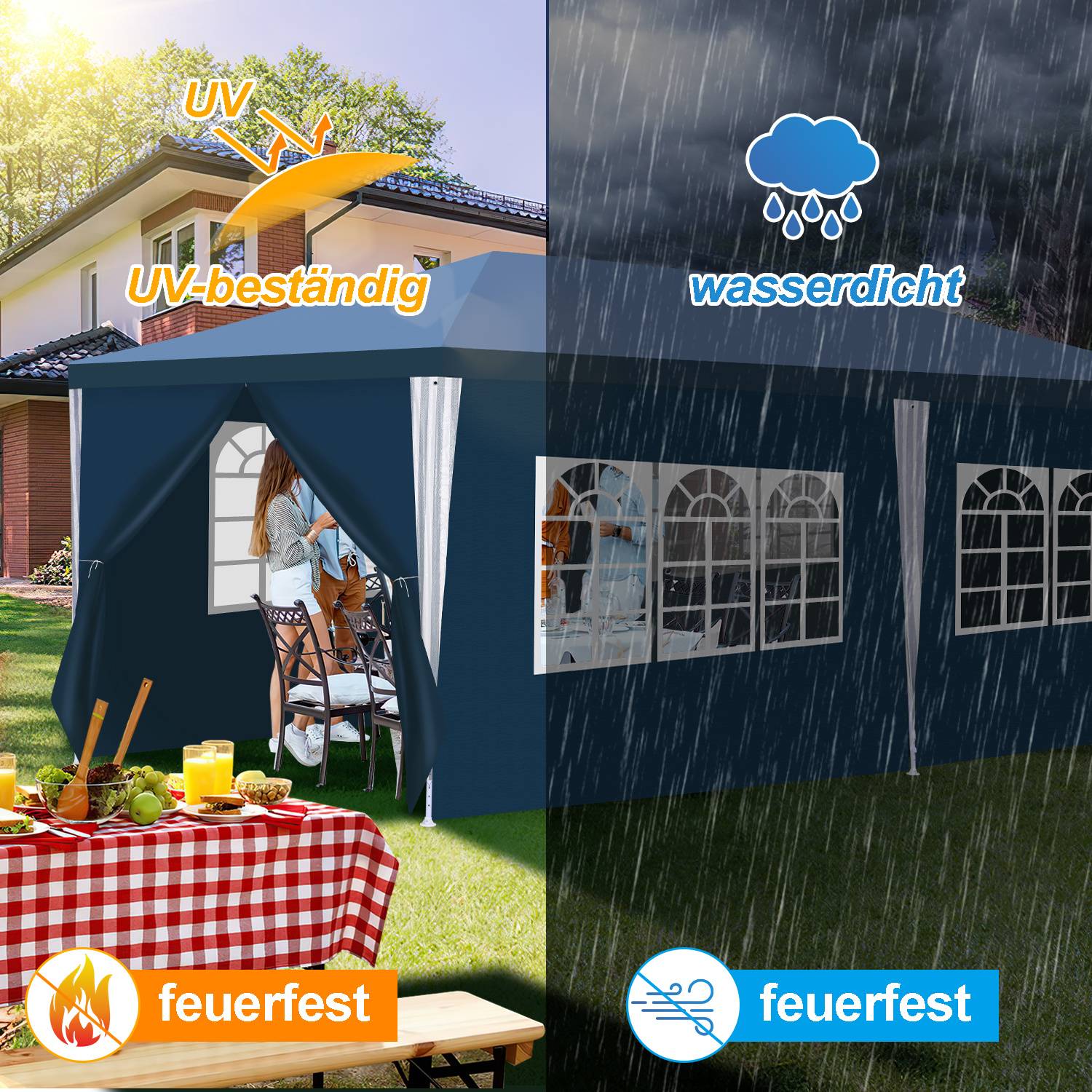 Pavillon 3 x 6 m Blau Partyzelt Gartenpavillon mit Seitenteilen Stecksystem