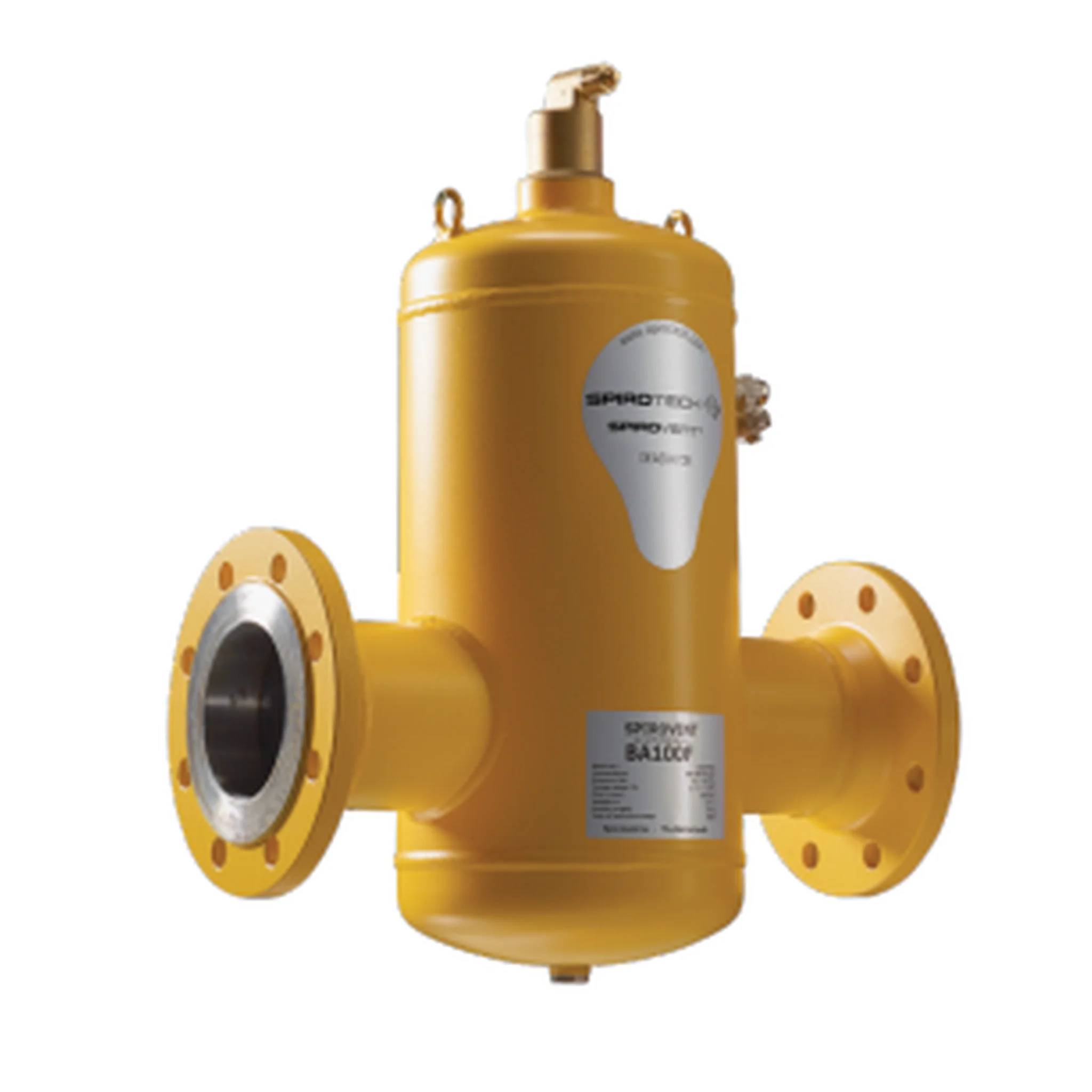 Gelber industrieller zylindrischer Filter oder Separator mit zwei Flanschwellverbindungen, gezeigt vor weißem Hintergrund.