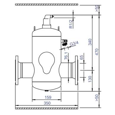 Technische Zeichnung eines Zylindertanks mit Seitenflansche und Auslass oben, mit Abmessungen und Rohranschlüssen gekennzeichnet R1/2 und G3/4.