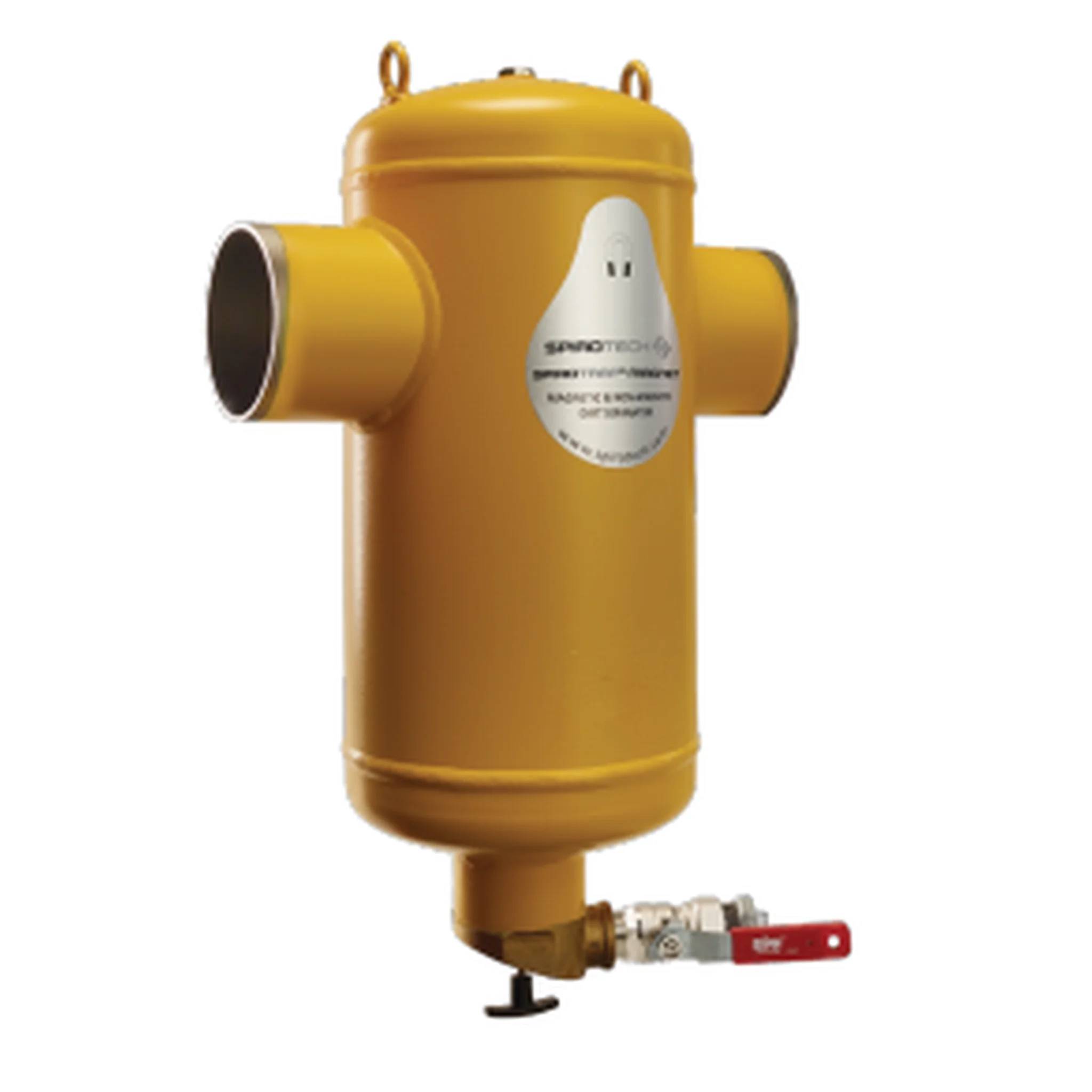 Goldener zylindrischer Industrie-Filter- oder Separator-Behälter mit seitlichen Einlass- und Auslassrohren und einem Bodenablassventil auf weißem Hintergrund.