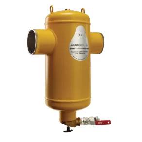 Goldener zylindrischer Industrietank mit zwei seitlichen Rohröffnungen und einer Bodenventilbaugruppe auf weißem Hintergrund.