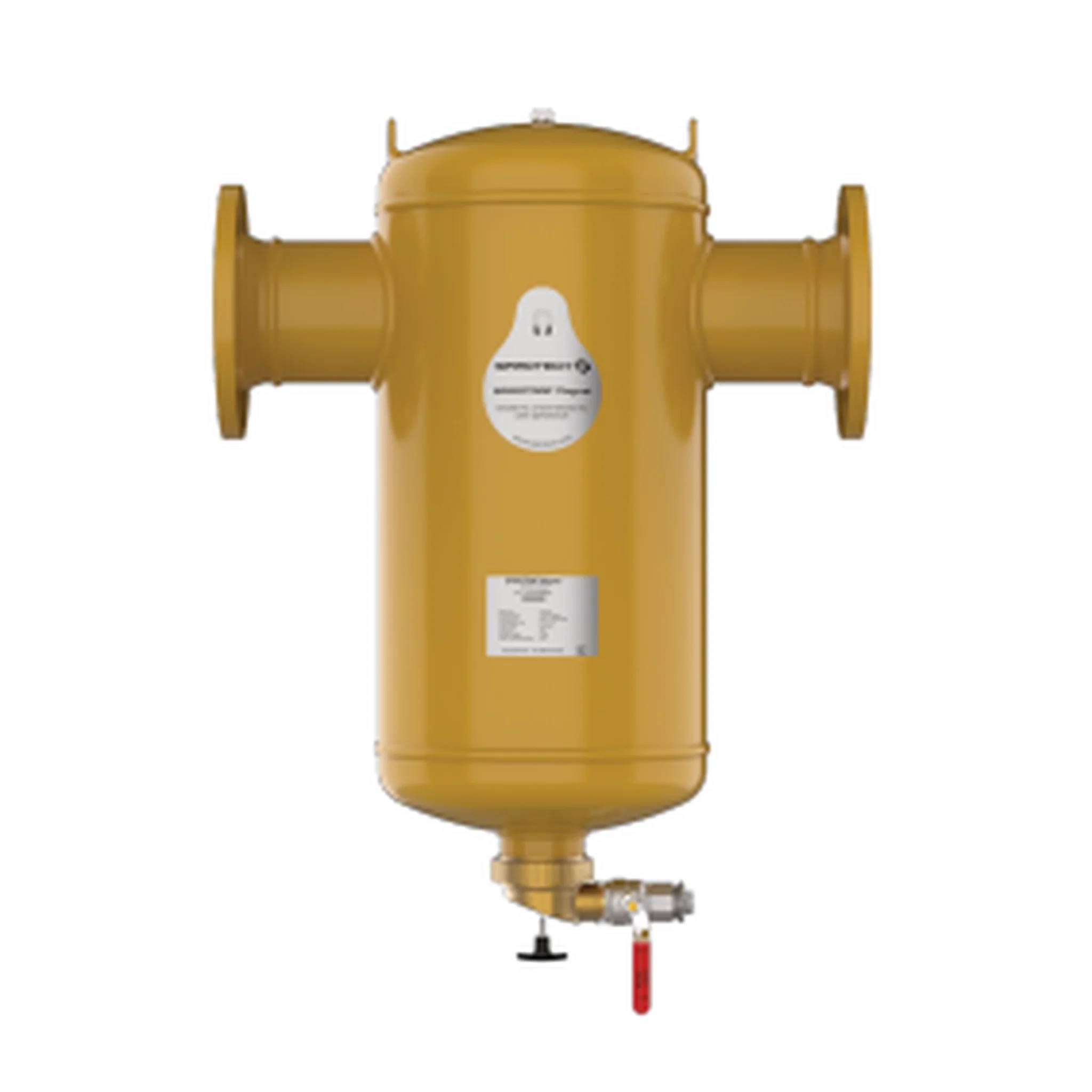 Gelber Industriefilter oder Separatortank mit seitlichen Flanschen, vorderen Etiketten und einem Bodenablassventil auf weißem Hintergrund.