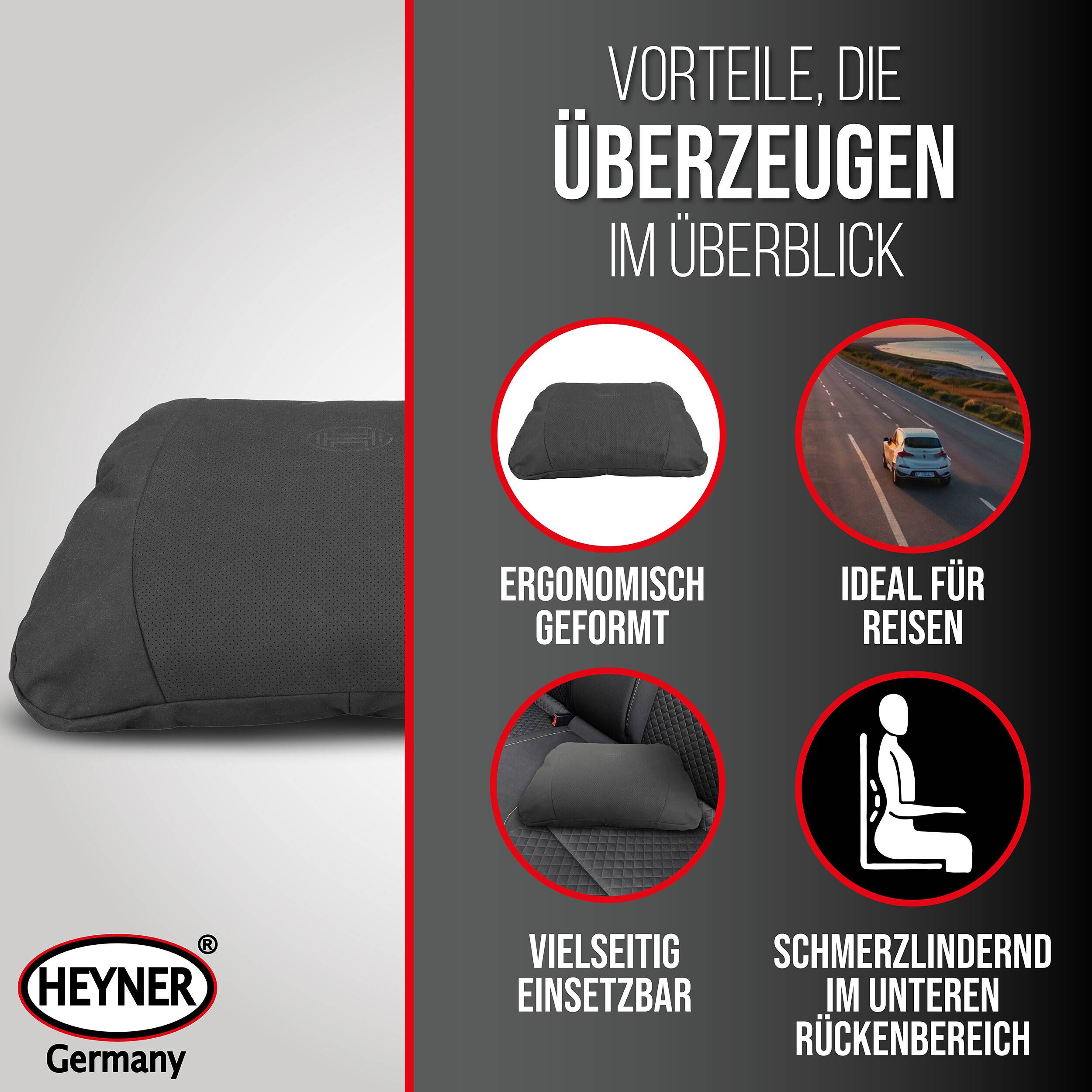 Werbegrafik für ein Lendenstützungskissen von Heyner Germany, das das Kissen und vier Vorteile zeigt: ergonomisch geformt, ideal für Reisen, vielseitig einsetzbar und lindert Kreuzschmerzen.