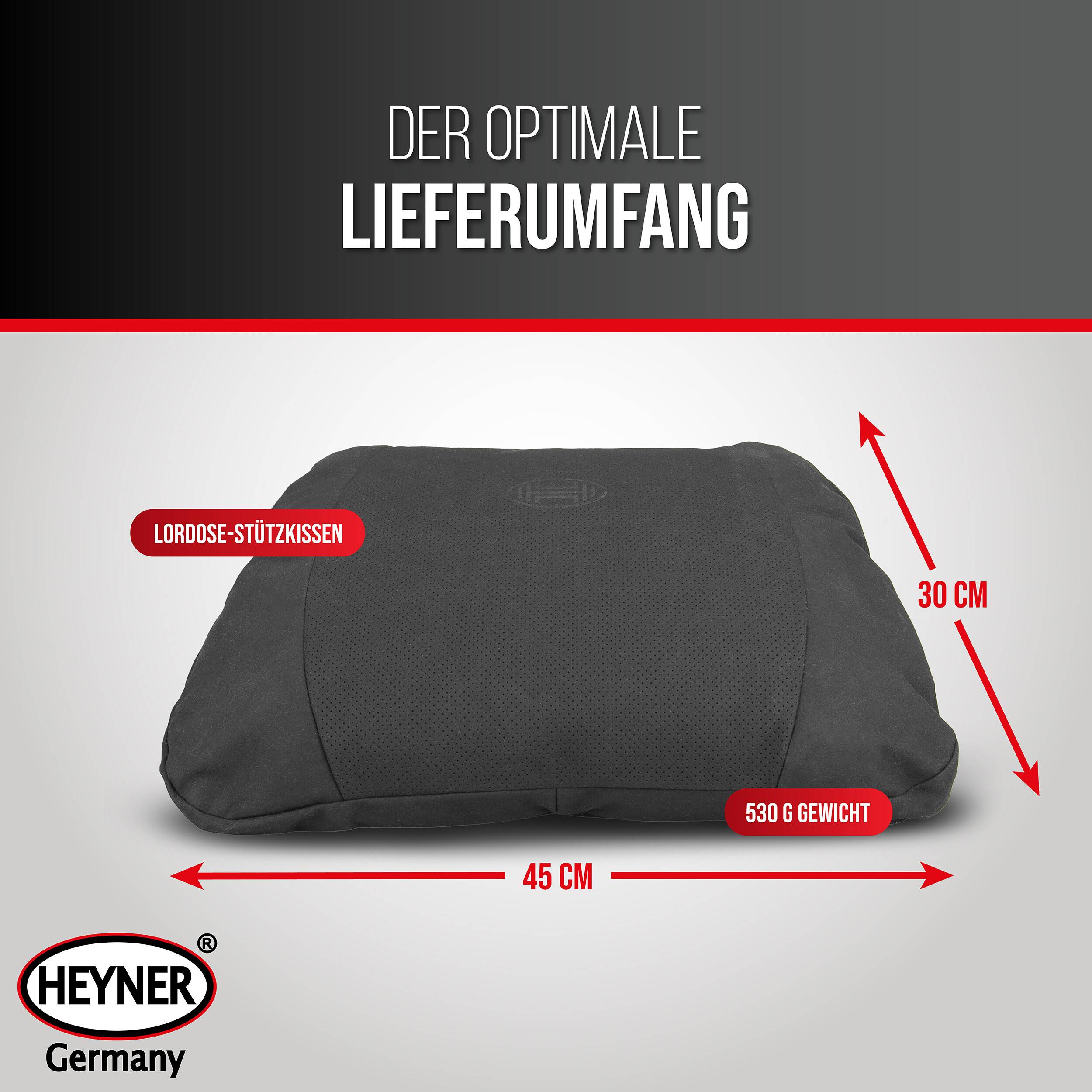 Produktbild eines schwarzen Lendenwirbelstützkissens mit der Bezeichnung „DER OPTIMALE LIEFERUMFANG