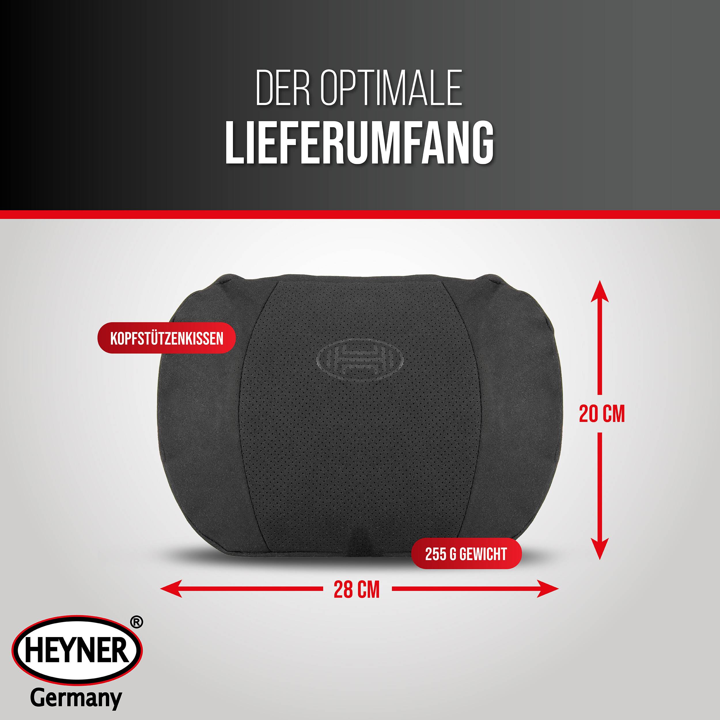 Werbegrafik eines schwarzen Kopfstützenkissens von Heyner Germany, beschriftet mit deutschem Text, das folgende Abmessungen zeigt: 28 cm breit, 20 cm hoch und 255 g Gewicht.