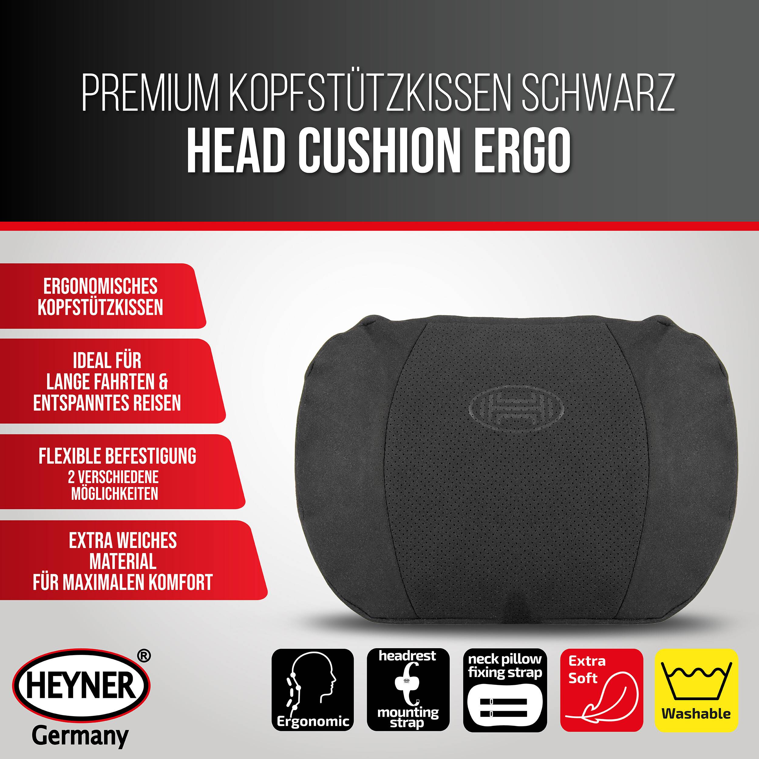 Schwarzes ergonomisches Nackenkissen für Autositze mit Befestigungsriemen; deutsches Werbebild mit Hervorhebung von Komfort, Verwendung auf Langstreckenfahrten und waschbarem, besonders weichem Material.