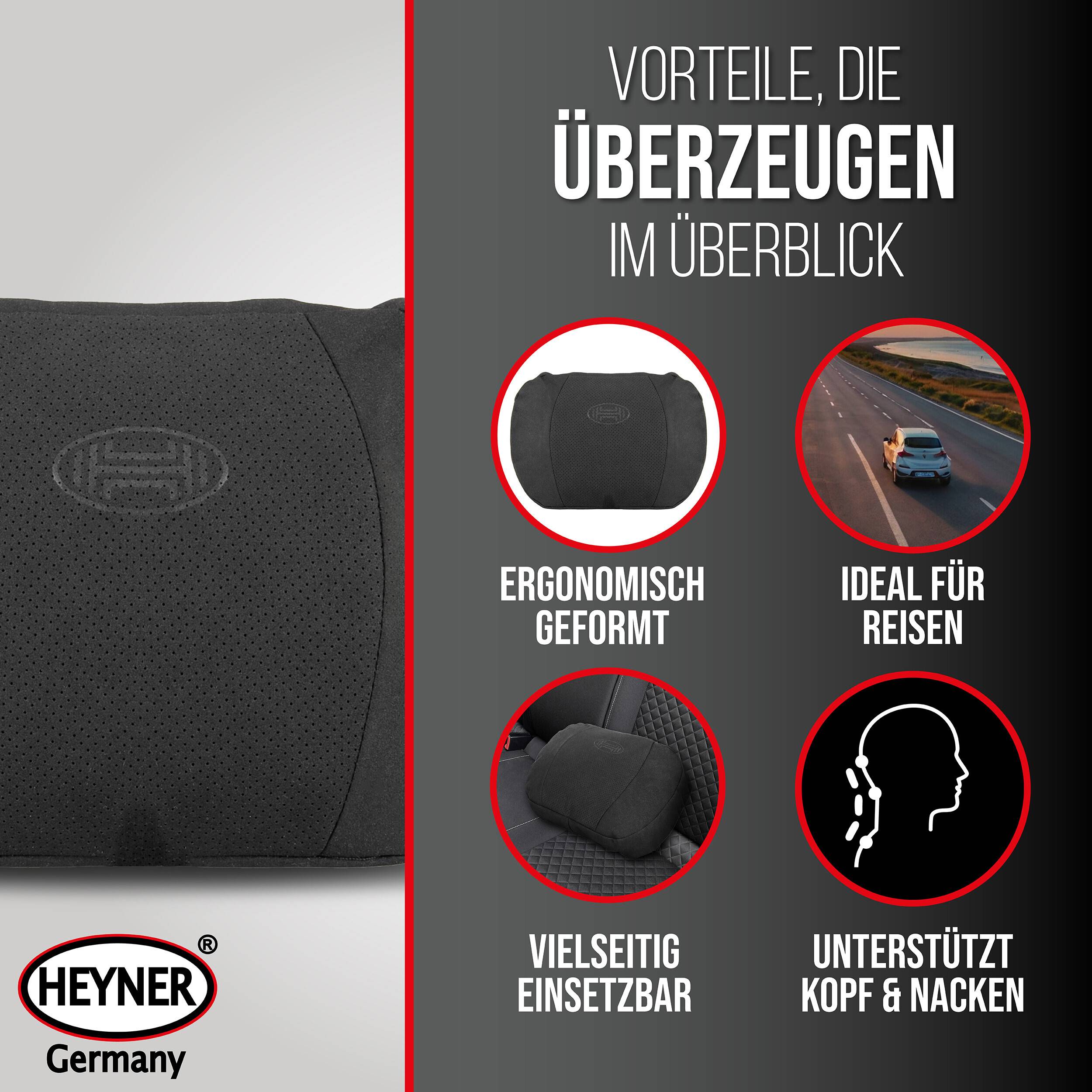 HEYNER Auto-Nackenkissen mit ergonomischer Form, vielseitig einsetzbar und bietet Kopf- und Nackenstütze für komfortable Reisen.