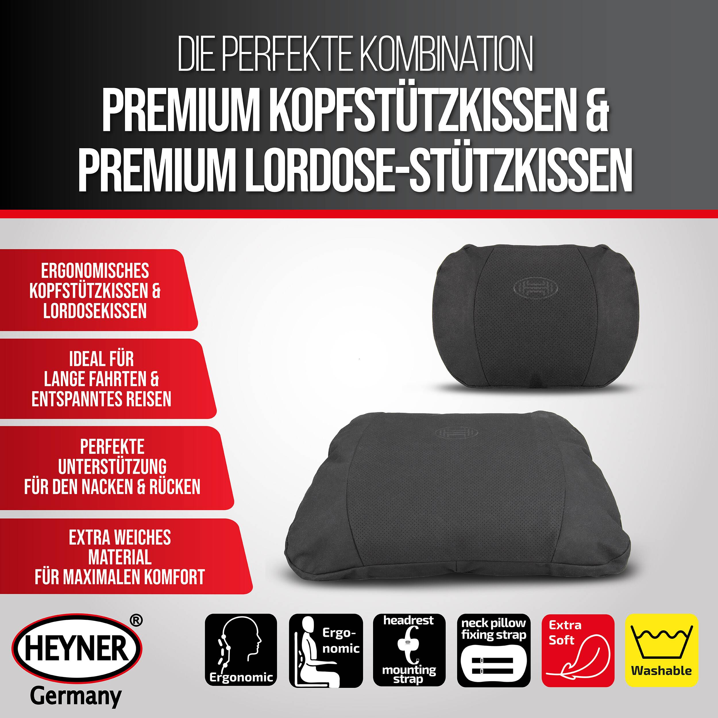 HEYNER® Nacken‑ und Lordosekissen Set für Auto, Büro & Reisen in schwarz ergonomisch weich waschbar