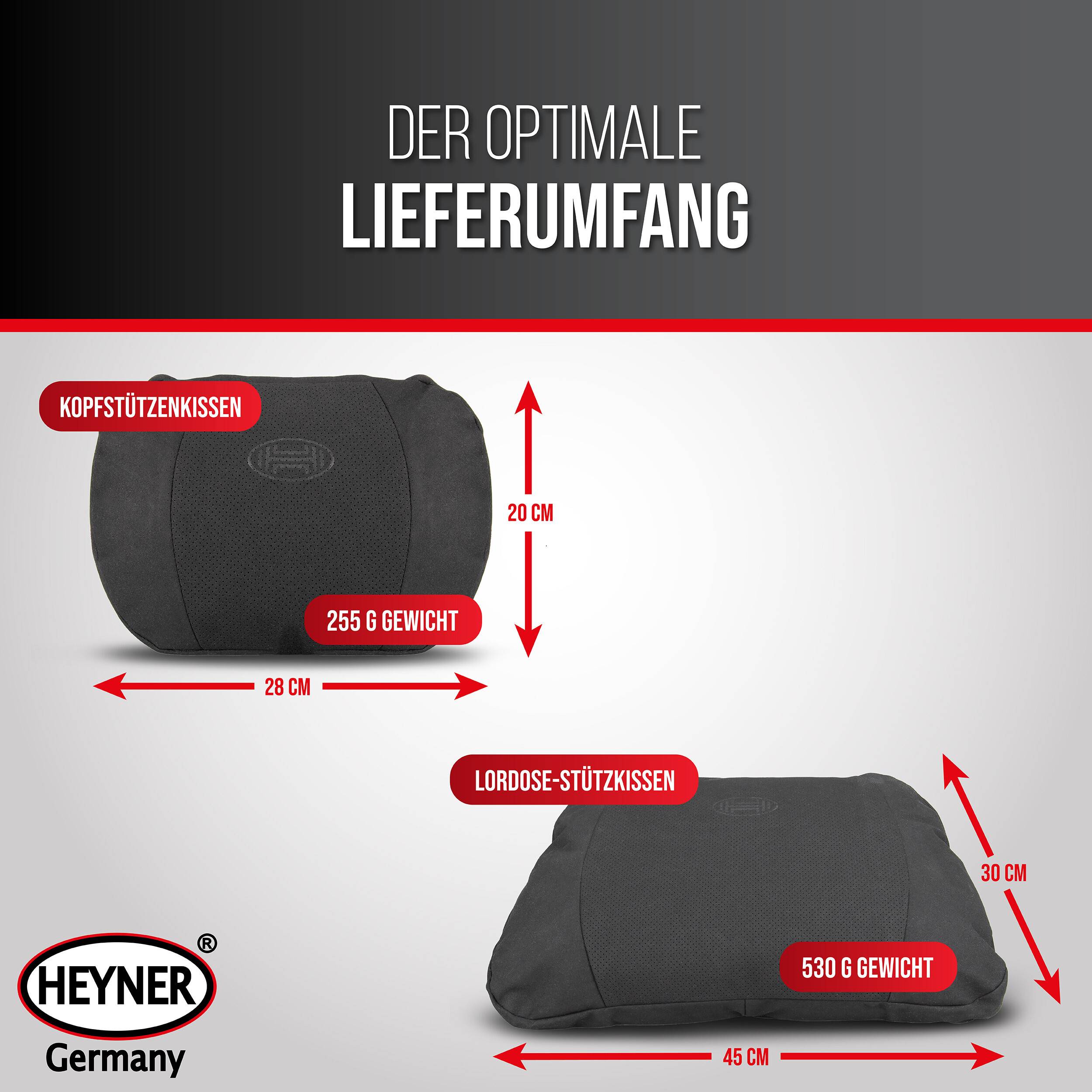Infografik zeigt den optimalen Lieferumfang: Kopfstützenkissen und Lendenwirbelstützenkissen, mit beschrifteten Abmessungen und Gewichten, plus HEYNER Germany Logo.