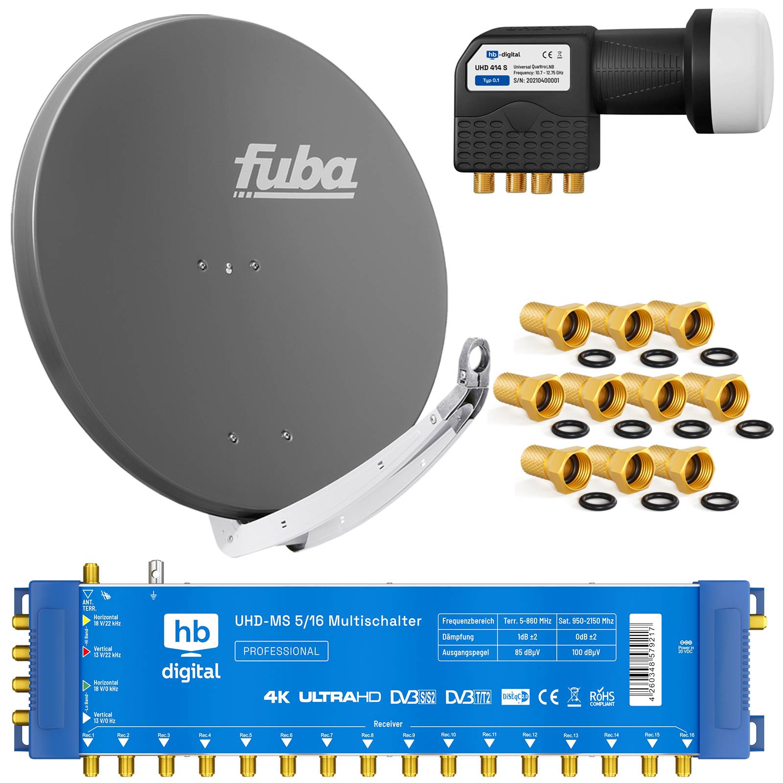hb-digital Sat Anlage SET Satellitenschüssel Fuba DAA 85cm Alu Anthrazit mit Multischalter 5/16 und LNB Quattro