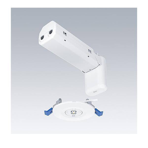 Weißer verstellbarer Deckenspot, auf einer eingelassenen Fassung montiert, in separaten Teilen dargestellt, um den Arm und die runde Lampenbasis mit blauen Clips hervorzuheben.