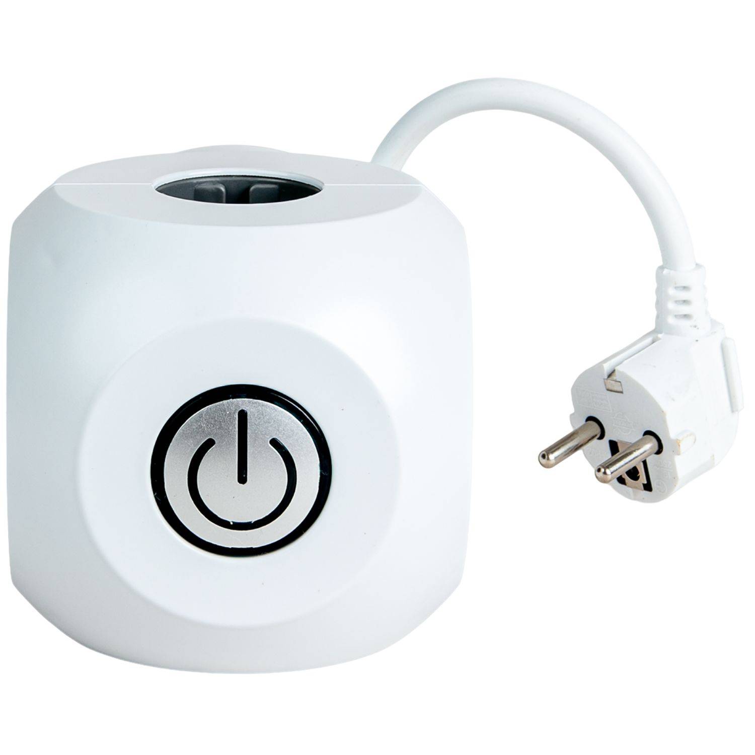 Weißer Stecker-Stromadapter mit schwarzem Ein-/Aus-Schalter und angebrachtem zweipoliger Europastecker.