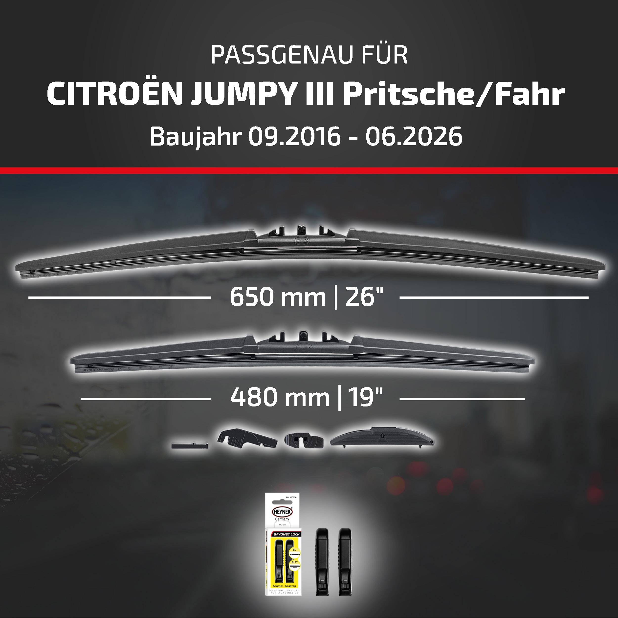HEYNER® Scheibenwischer für CITROËN JUMPY III Pritsche/Fahrgestell | 09.2016 - 08.2026, HYBRID Flachbalkenwischer,