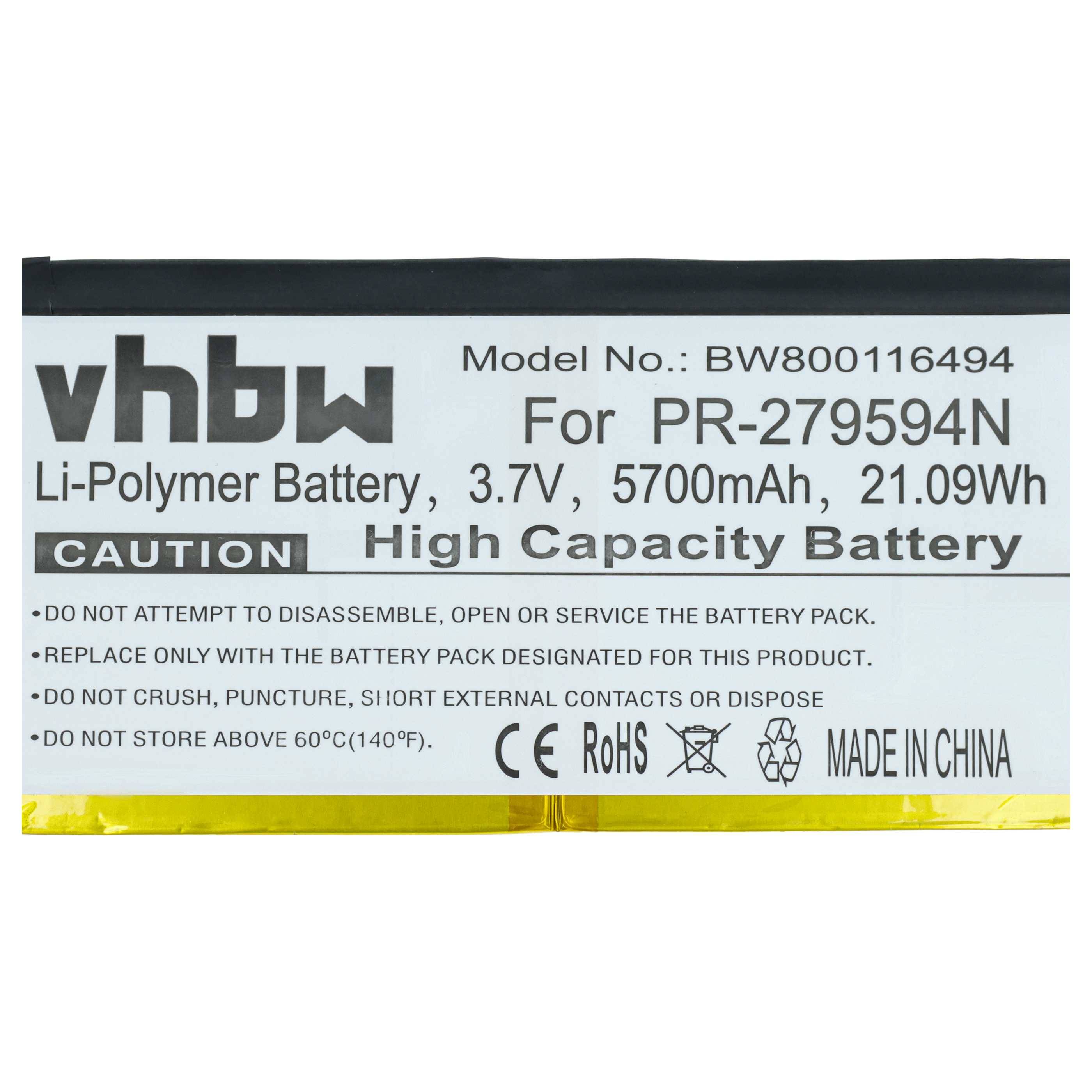 vhbw Lithium-Polymer-Akku-Etikett für PR-279594N, 3,7V 5700mAh 21,09Wh, mit Warn- und Recycling-Symbolen.