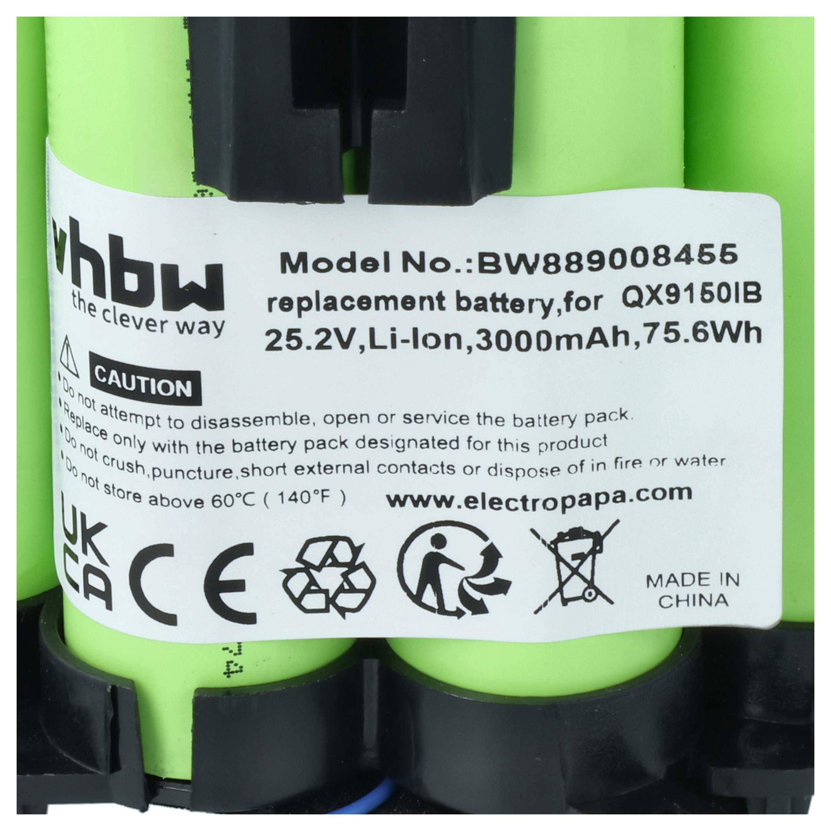 vhbw Akku kompatibel mit AEG QX 9 1 UO, QX9-1-UO, QX9-1-ULTS, QX 9 1 ULTS Staubsauger (3000 mAh, 25,2 V, Li-Ion)