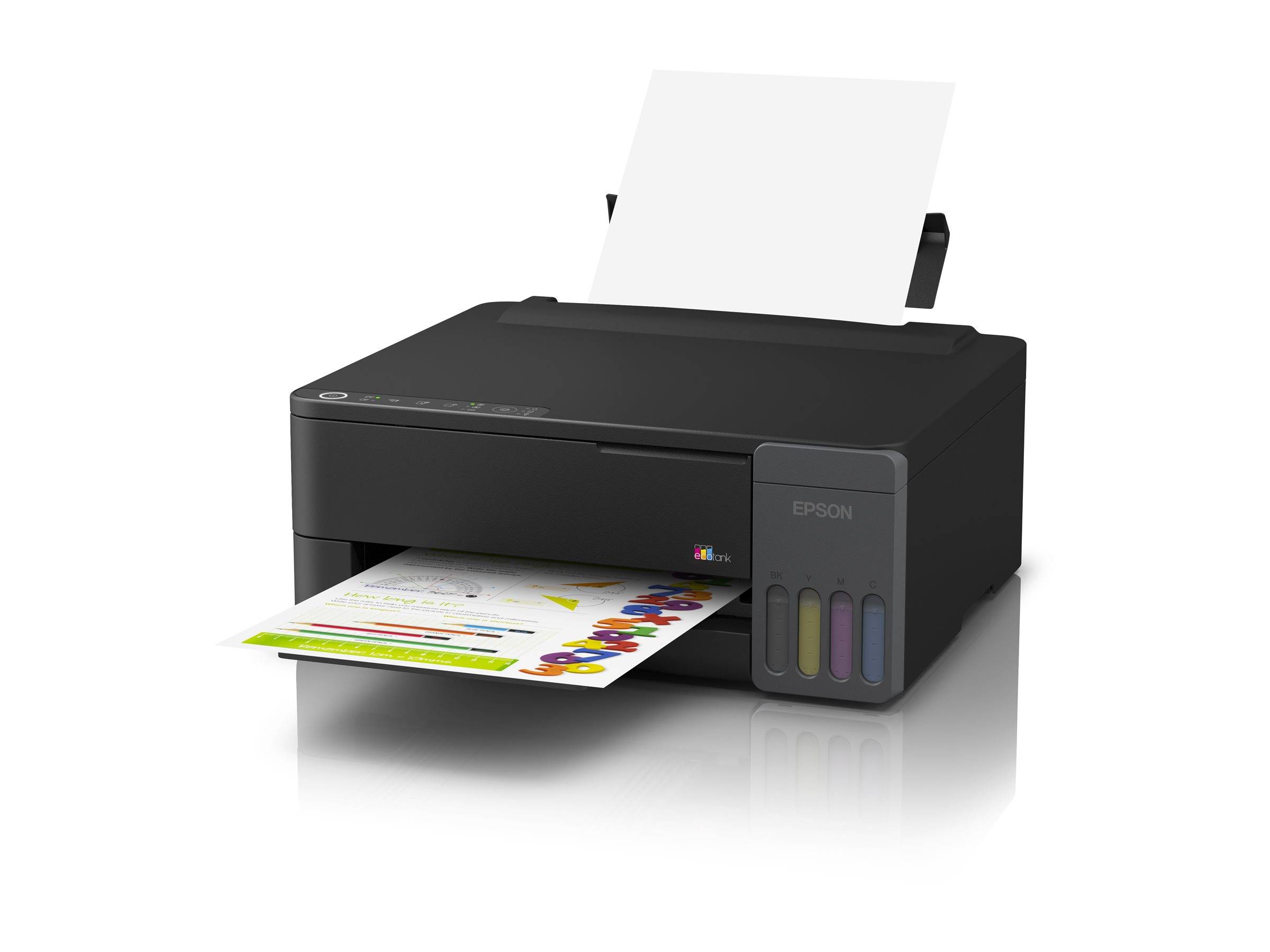 Schwarzer Epson-Tintenstrahldrucker druckt ein Farbdokument aus dem vorderen Tablett, mit Papier, das im hinteren Zuführungsgerät geladen ist.