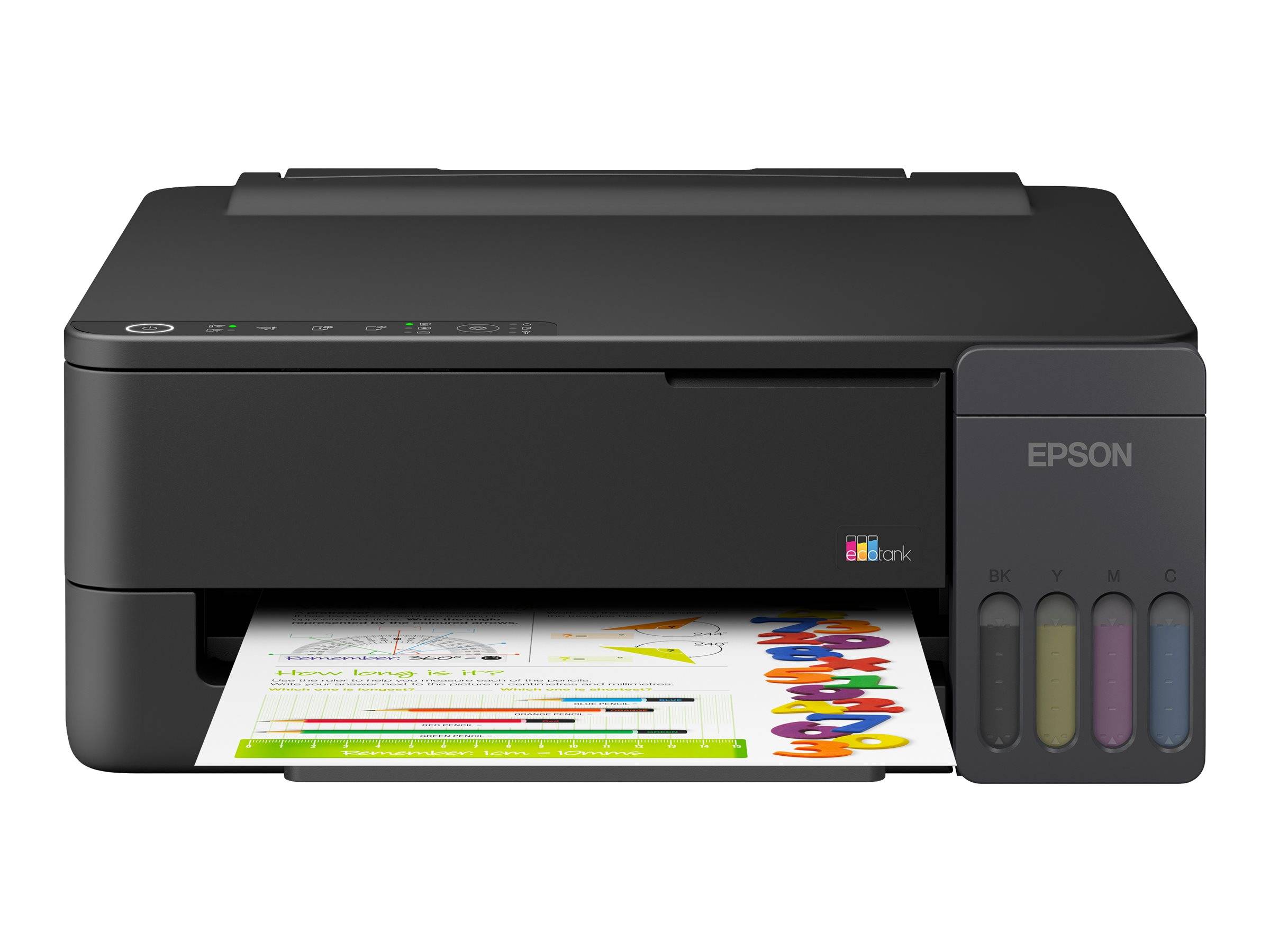 Schwarz-Epson-Tintentank-Drucker druckt ein Farbdokument mit Diagrammen und Grafiken aus dem vorderen Tablett.