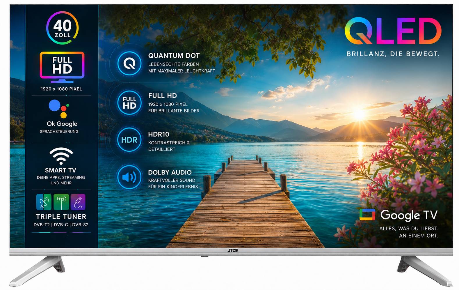 JTC-24 40 Zoll / 100 cm QLED Smart Fernseher JTCSQ40F39405G, Android TV, Play Store, Google Sprachsteuerung, Triple Tuner, Bluetooth