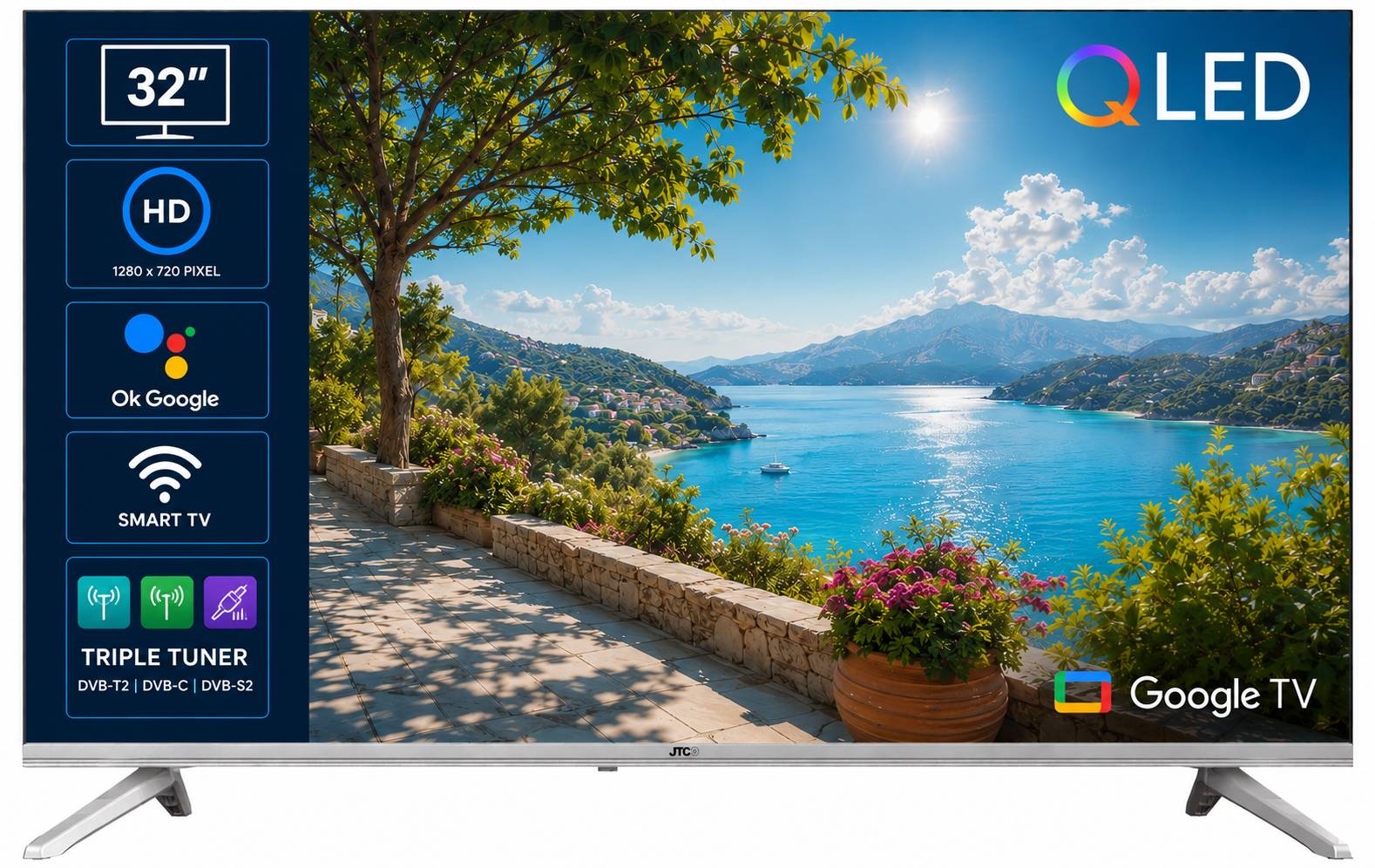 JTC-24 32 Zoll / 80 cm QLED Smart Fernseher JTCSQ32H39330G, Android TV, Play Store, Google Sprachsteuerung, Triple Tuner, Bluetooth