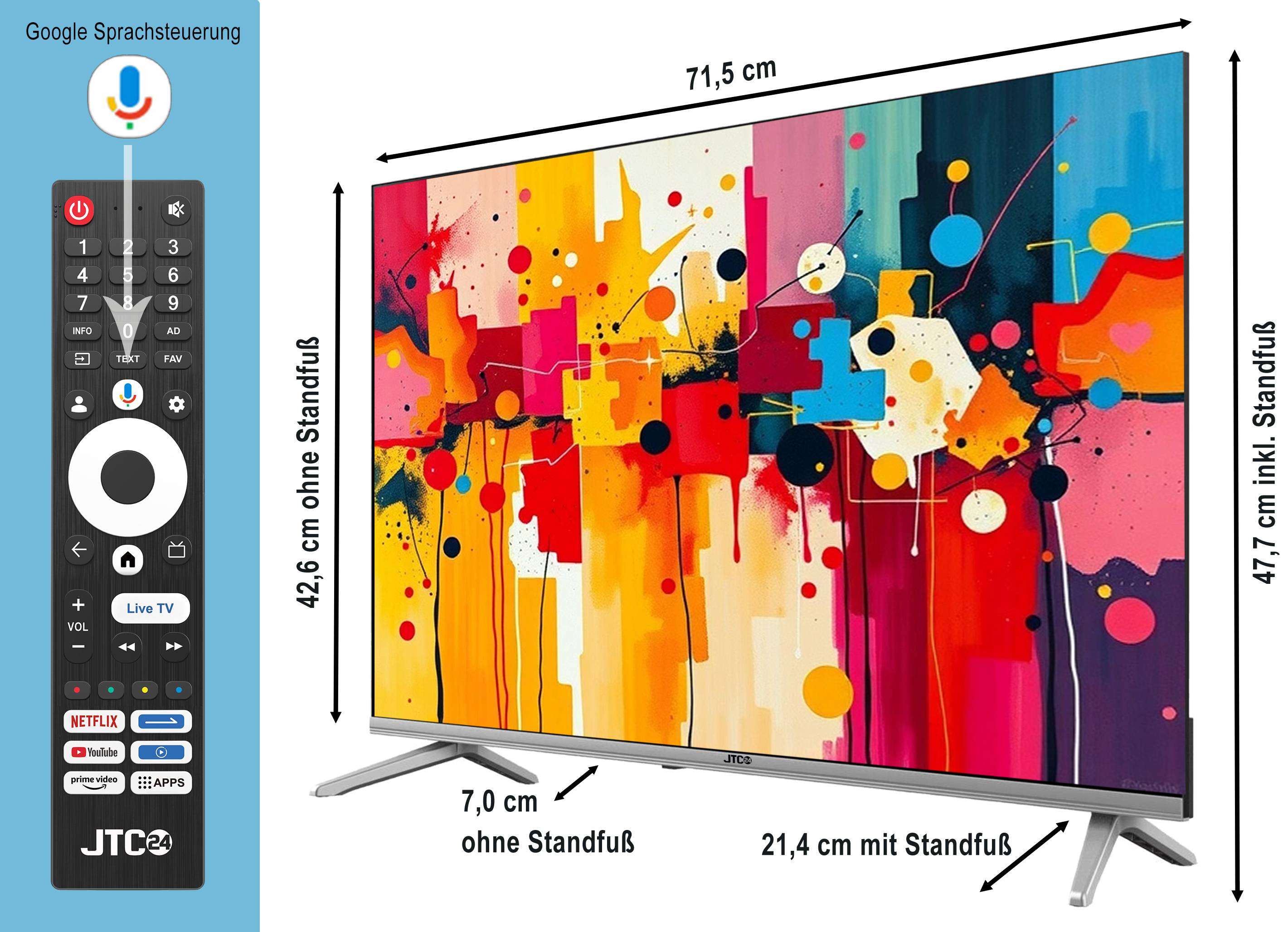 JTC-24 32 Zoll / 80 cm QLED Smart Fernseher JTCSQ32H39330G, Android TV, Play Store, Google Sprachsteuerung, Triple Tuner, Bluetooth