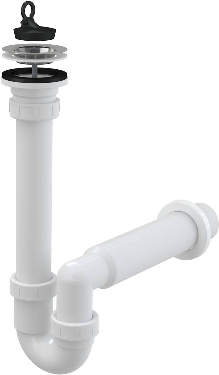 Kunststoff-Spülbeckenabflussrohr-Siphon-Set aus weißem Kunststoff mit vertikalem Fallrohr, P-Siphon und Seitenauslass, isoliert auf schwarzem Hintergrund