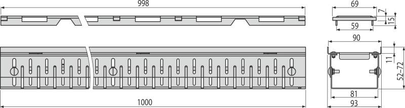 Technische CAD-Zeichnung eines langen perforierten Metallstreifens mit wiederholten Schlitzen und beschrifteten Abmessungen, plus ein kleineres Querschnittsdetail mit Breiten- und Höhenmessungen.