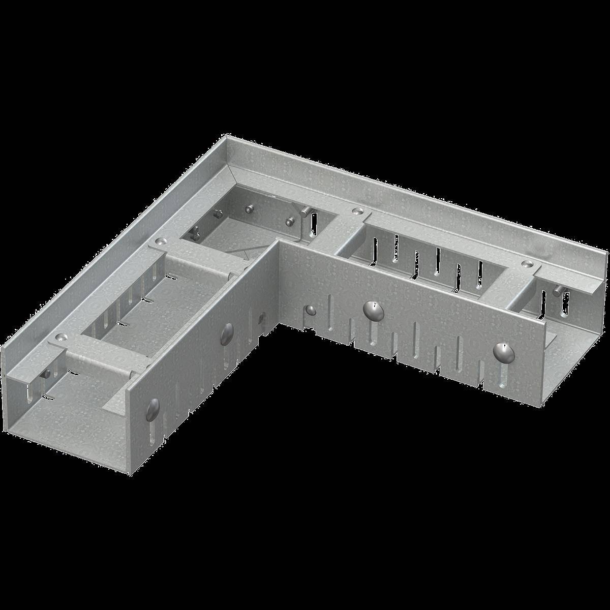 Silber-Metallkabelrinne in L-Form mit gelochten Seiten und Befestigungslöchern auf schwarzem Hintergrund.
