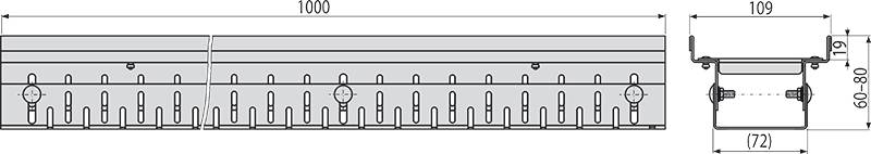 Technische Zeichnung eines langen rechteckigen Panels mit wiederholten vertikalen Schlitzen und kleinen kreisförmigen Markierungen, dargestellt in Vorder- und Endansichten mit Bemaßungslinien.