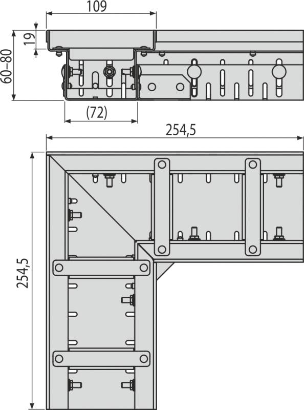 Technische Strichzeichnung eines Metalleckverbinders oder einer Halterung mit Vorder- und Seitenansichten sowie Maßstabsbeschriftungen in Millimetern.
