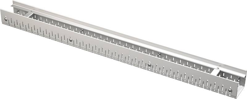 Großaufnahme eines langen Aluminium-Messstabs oder einer Stahllineals mit Zollmarkierungen und mehreren verschiebbaren Markierungen auf schwarzem Hintergrund.