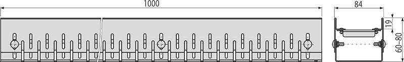 Schwarz-weißes technisches Diagramm, das einen langen Streifen mit wiederholten vertikalen Markierungen und Symbolen zeigt, mit einer kleinen detaillierten Vergrößerung auf der rechten Seite.