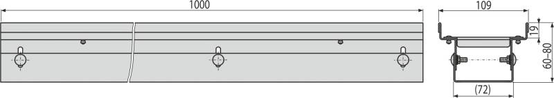 Technische Zeichnung eines langen horizontalen Metallpanels mit drei gleichmäßig verteilten Befestigungselementen und einer Unterbrechung in der Mitte, plus einer kleinen Endansicht mit Abmessungen.