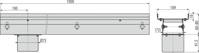 Technische Zeichnung eines langen horizontalen Balkens mit drei kreisförmigen Löchern, einem zentralen Stützblock und einer kleinen Querschnittdarstellung rechts mit Bemaßungslinien.