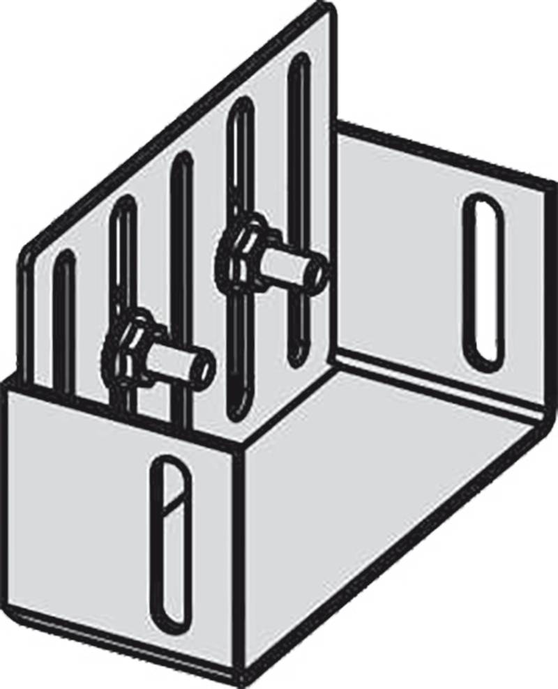 3D-Halterung mit geschlitzten Befestigungslöchern und zwei Bolzen, verwendet, um eine Komponente im rechten Winkel zu befestigen.