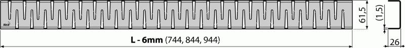 Technische Zeichnung eines linealähnlichen Metallstreifens mit der Bezeichnung L - 6mm, mit Abmessungsmarkierungen, die eine Höhe von 61,5 mm und eine Breite von 26 mm zeigen.