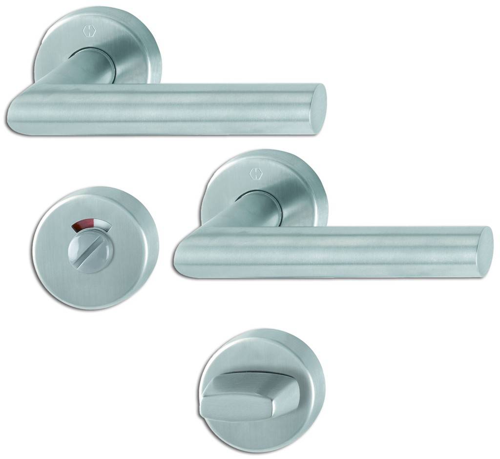 Zimmertürdrückergarnitur AmsterdamRosetten-GarniturGarnitur HOPPE-Schnellstift / F69 Edelstahl matt / 8 mm / 8 mm / Schlitzkopf mit rot/weiß-Scheib