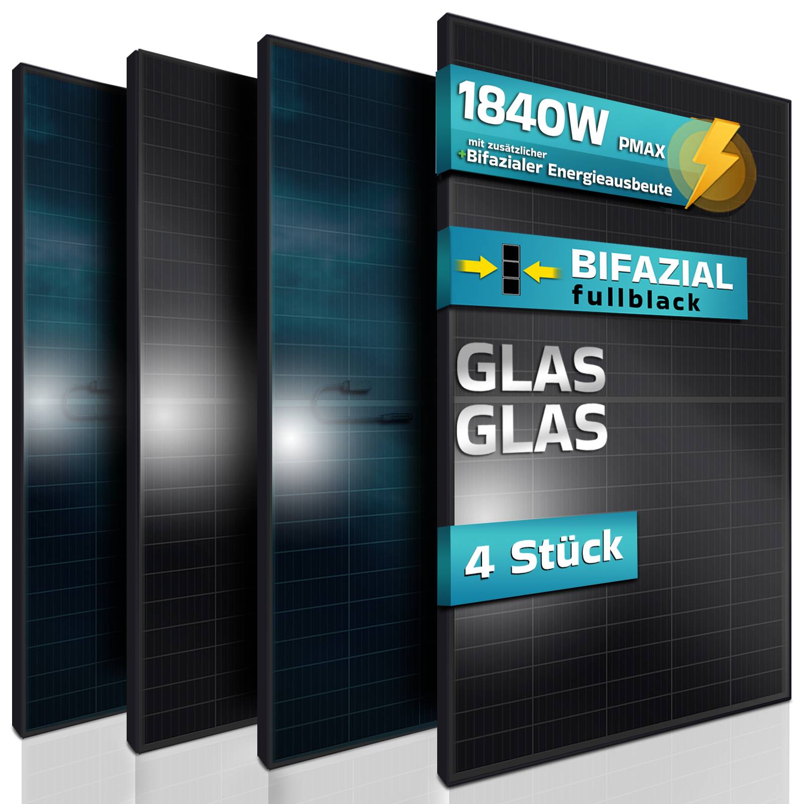 Solarmodul 4x460 Watt Full Black Bifazial Glas PV Modul Solarpanel PMax 1840W