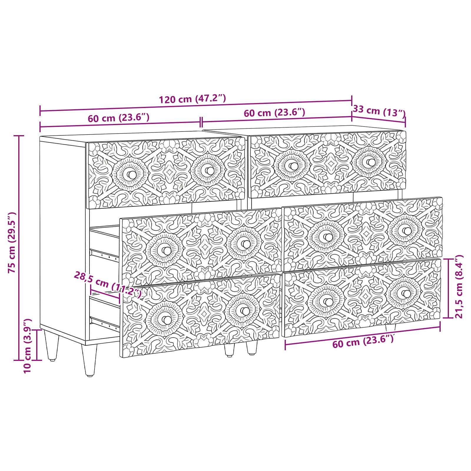 vidaXL Sideboard 2 pcs Braun 60 x 33,5 x 75 cm Massivholz Mango