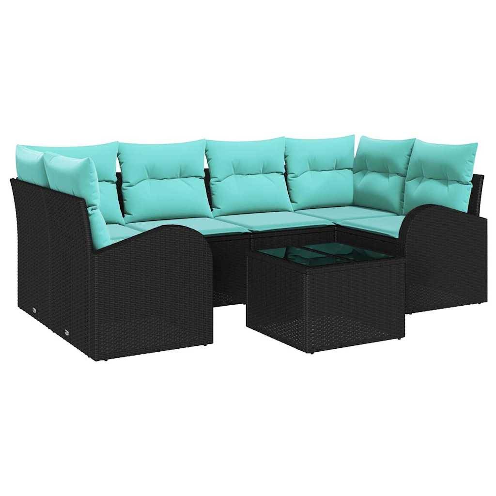 vidaXL Gartensofa-set mit Kissen 7 pcs Schwarz und Türkis Poly-Rattan