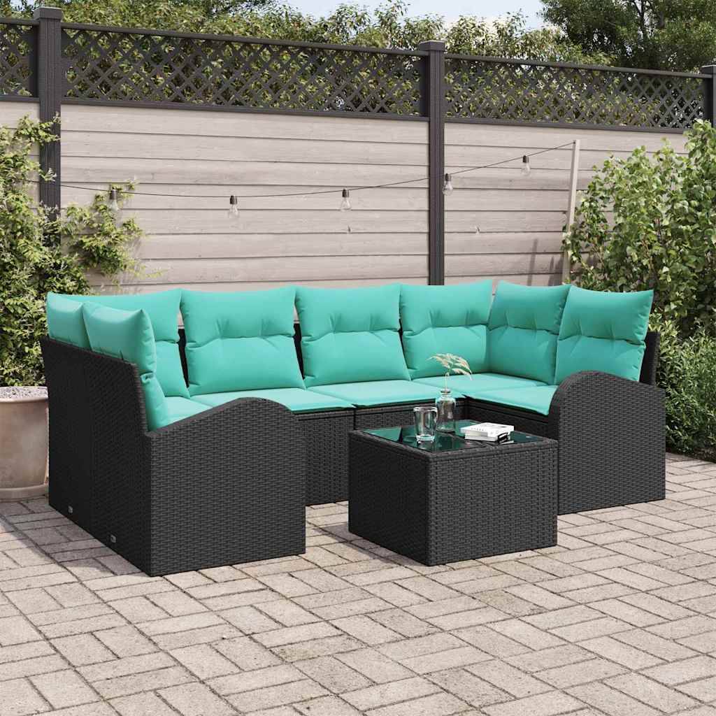 vidaXL Gartensofa-set mit Kissen 7 pcs Schwarz und Türkis Poly-Rattan