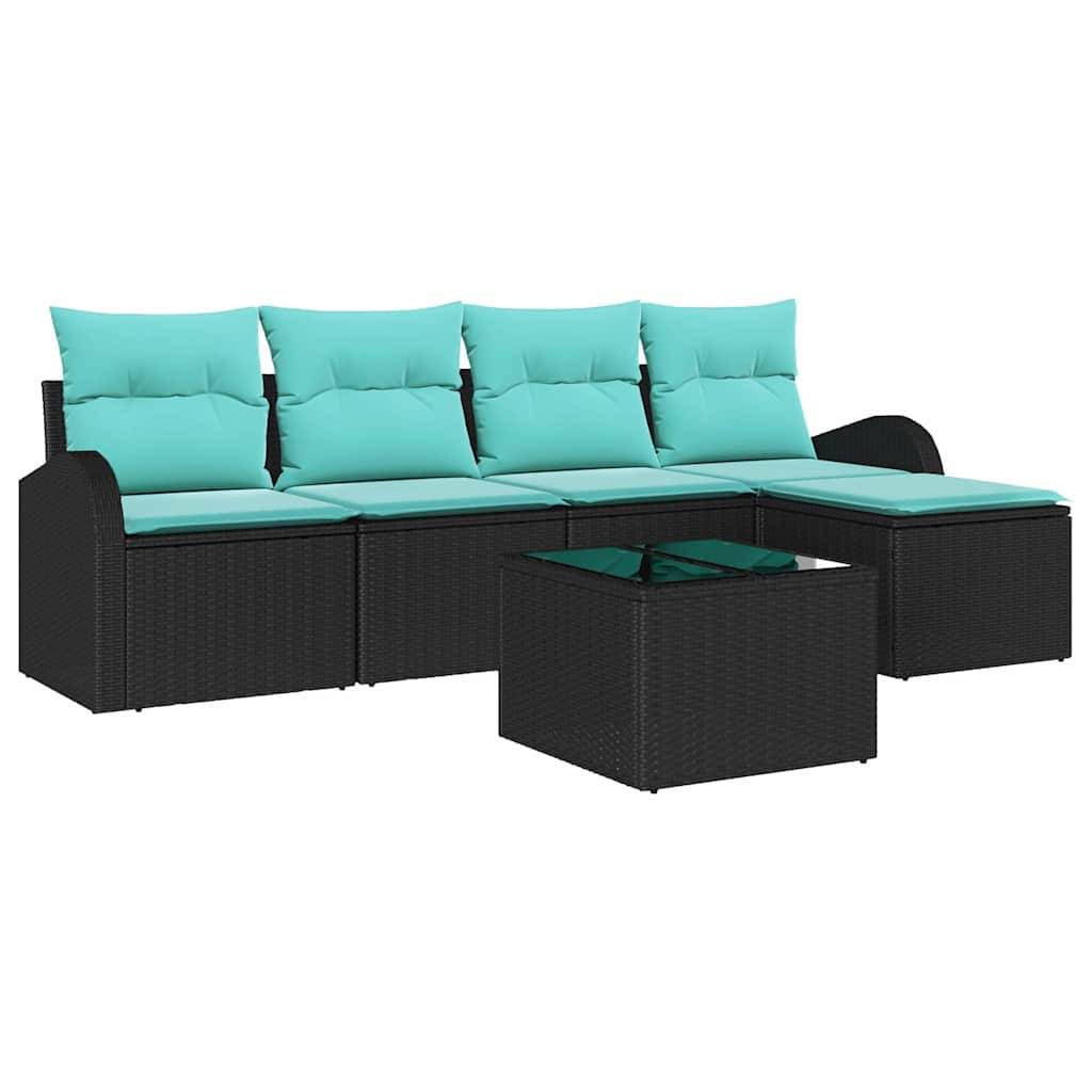 vidaXL Sofa Set mit Kissen 6 pcs Schwarz und Türkis Poly-Rattan
