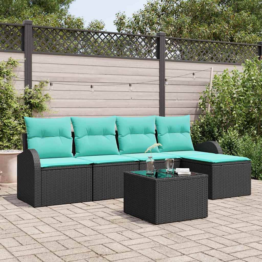 vidaXL Sofa Set mit Kissen 6 pcs Schwarz und Türkis Poly-Rattan