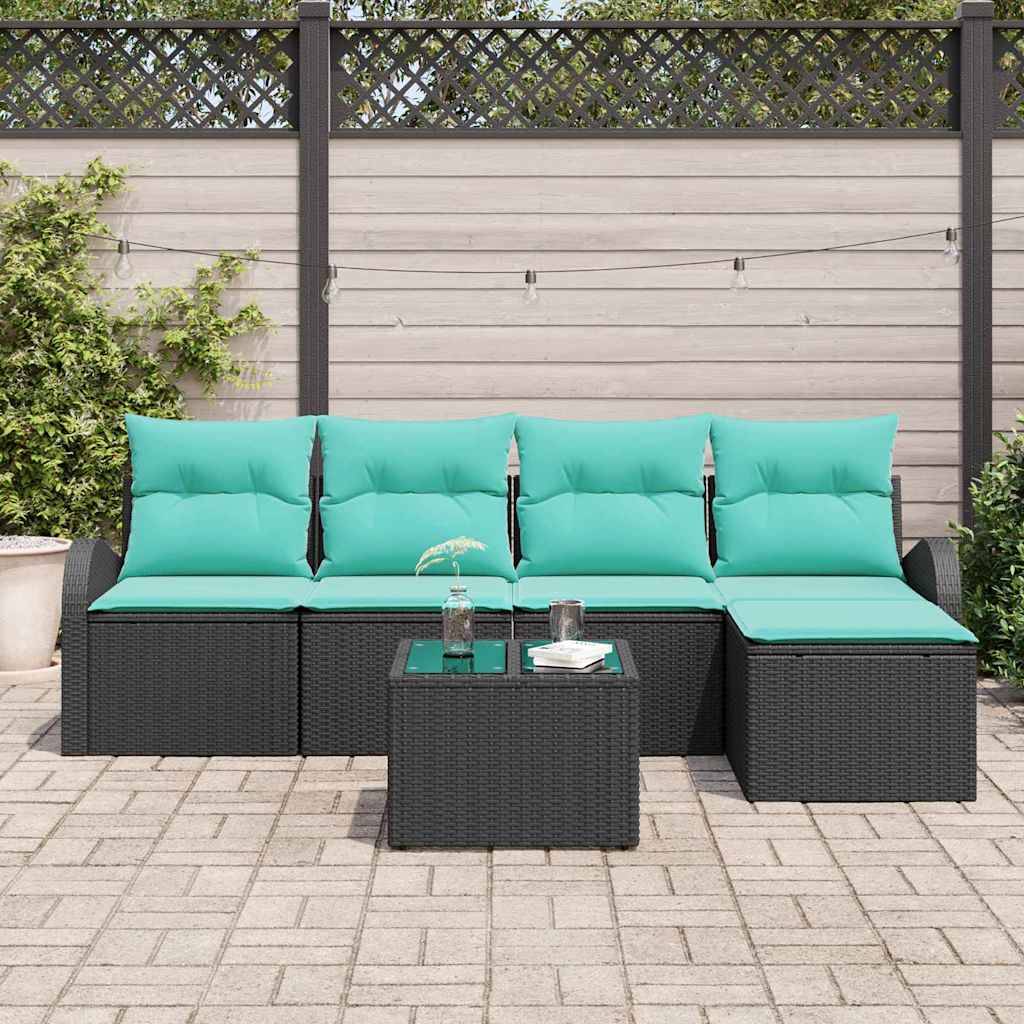 vidaXL Sofa Set mit Kissen 6 pcs Schwarz und Türkis Poly-Rattan