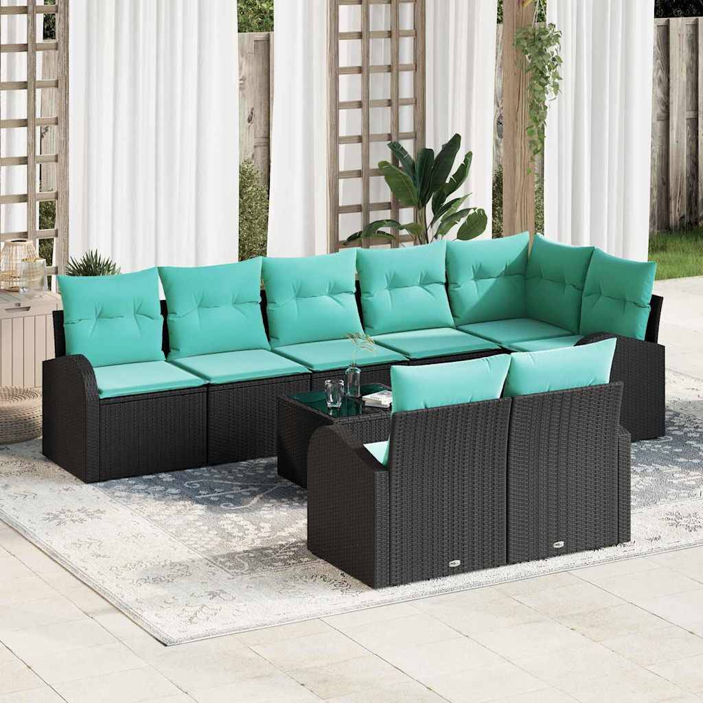 vidaXL Gartensofa-set mit Kissen 9 pcs Schwarz und Türkis Poly-Rattan