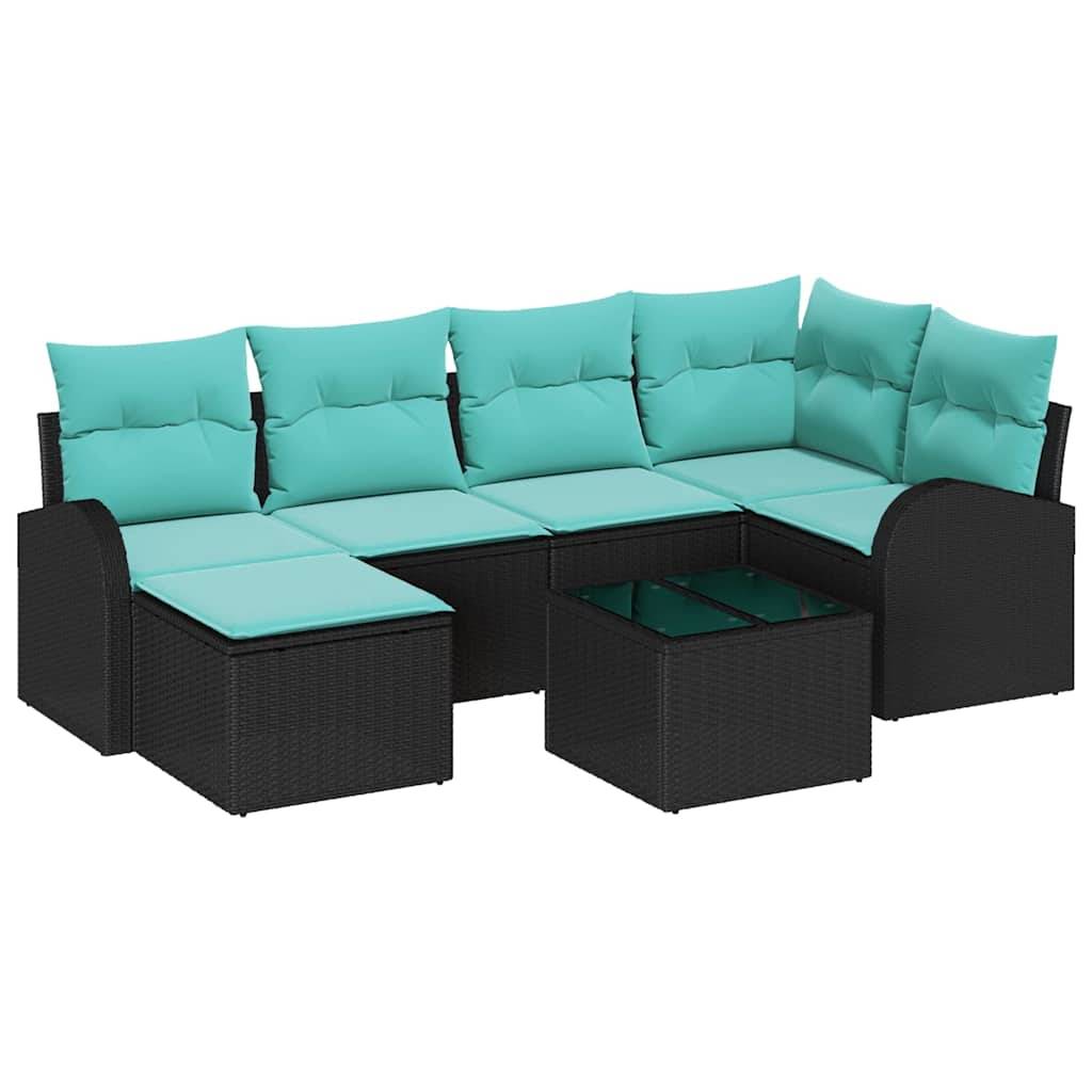 vidaXL Sofa Set mit Kissen 7 pcs Schwarz und Türkis Poly-Rattan