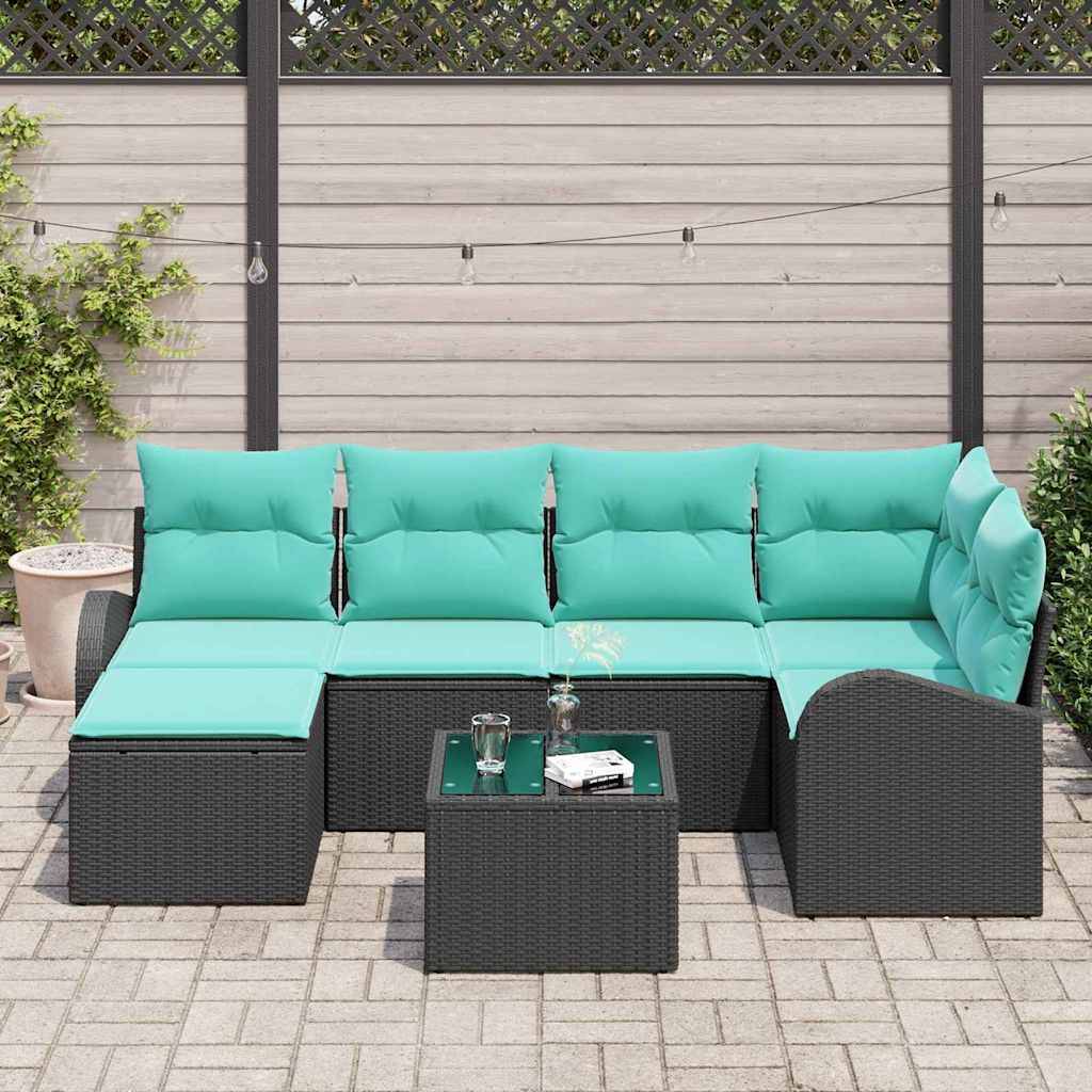 vidaXL Sofa Set mit Kissen 7 pcs Schwarz und Türkis Poly-Rattan