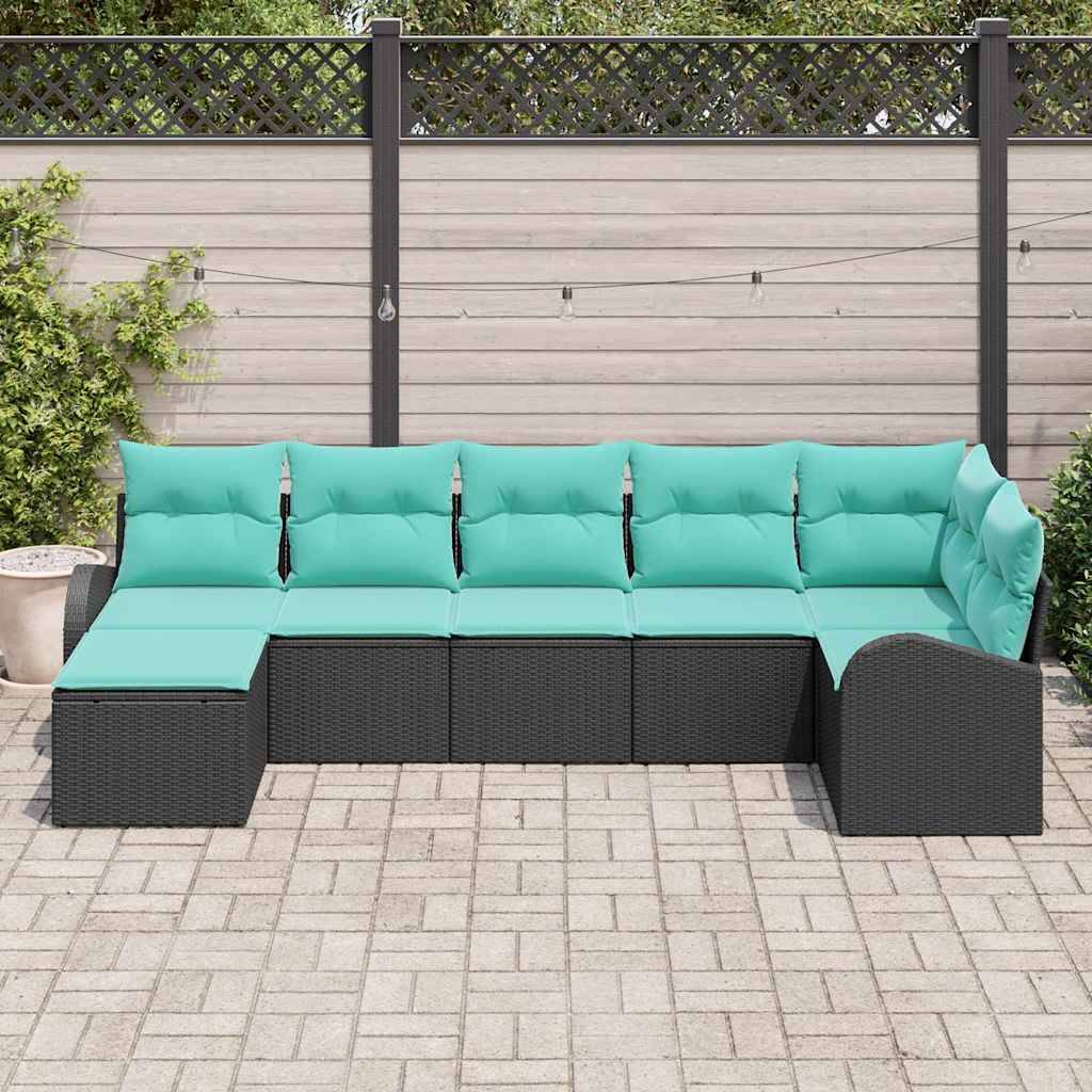 vidaXL Sofa Set mit Kissen 7 pcs Schwarz und Türkis Poly-Rattan
