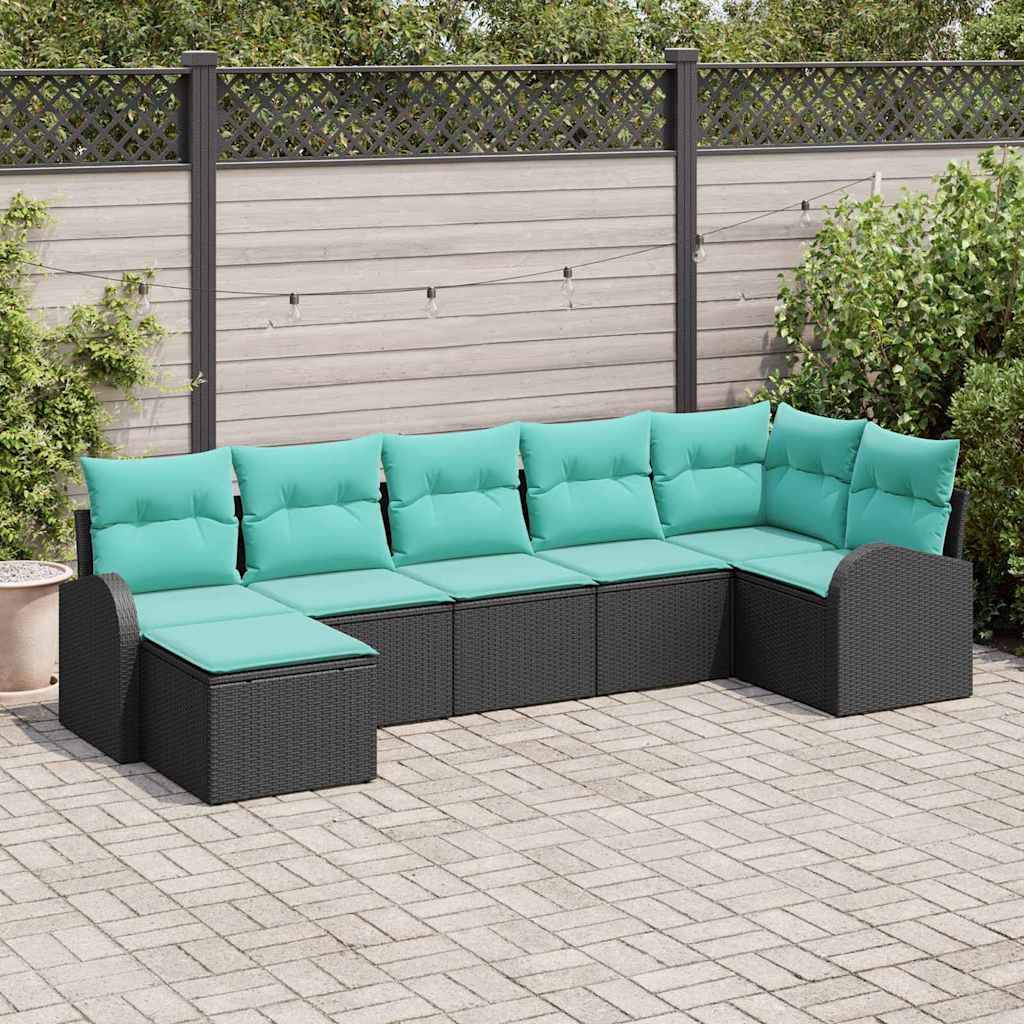 vidaXL Sofa Set mit Kissen 7 pcs Schwarz und Türkis Poly-Rattan